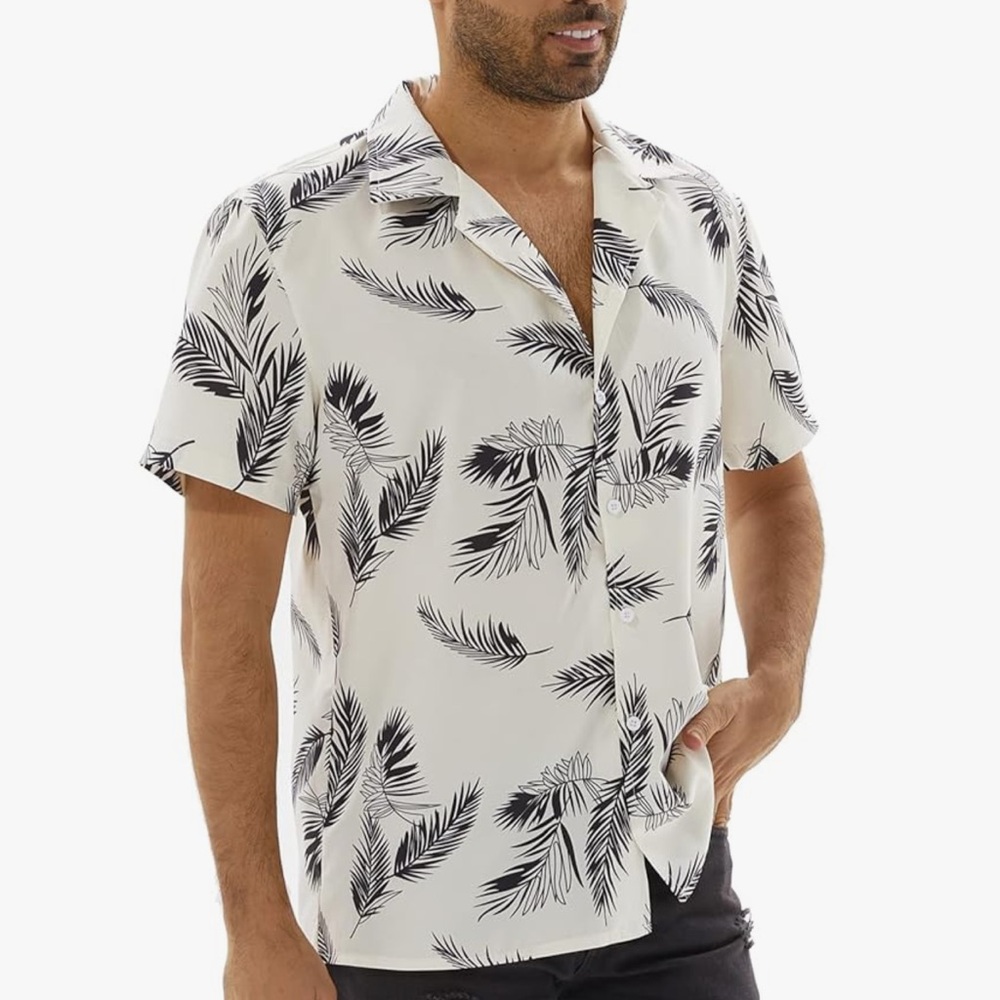 Casual Black and White Leaf Print Button Down Shirt